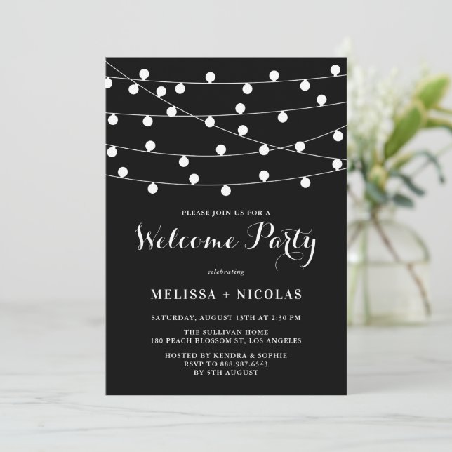 Whimsical String Lights Black Welcome Party Invitation (Standing Front)