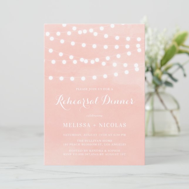Whimsical String Lights Blush Rehearsal Dinner Invitation (Standing Front)