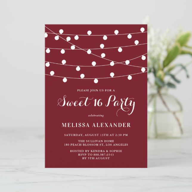 Whimsical String Lights Burgundy Sweet 16 Party Invitation (Standing Front)