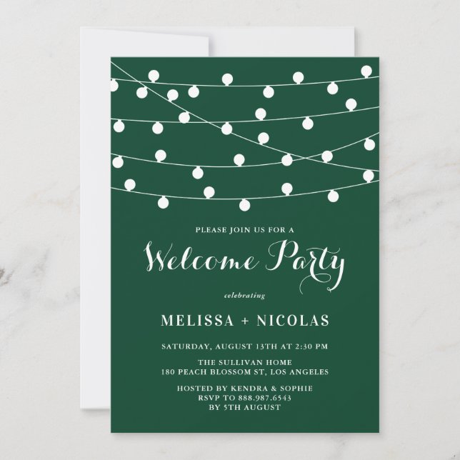Whimsical String Lights Emerald Welcome Party Invitation (Front)