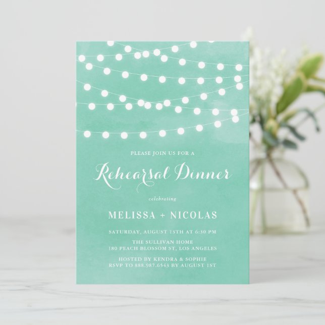 Whimsical String Lights Green Rehearsal Dinner Invitation (Standing Front)