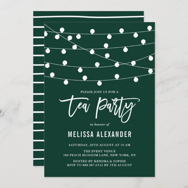Whimsical String Lights Green Tea Party Invitation (Front/Back)