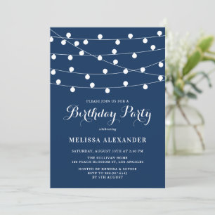 Whimsical String Lights Navy Blue Birthday Party Invitation