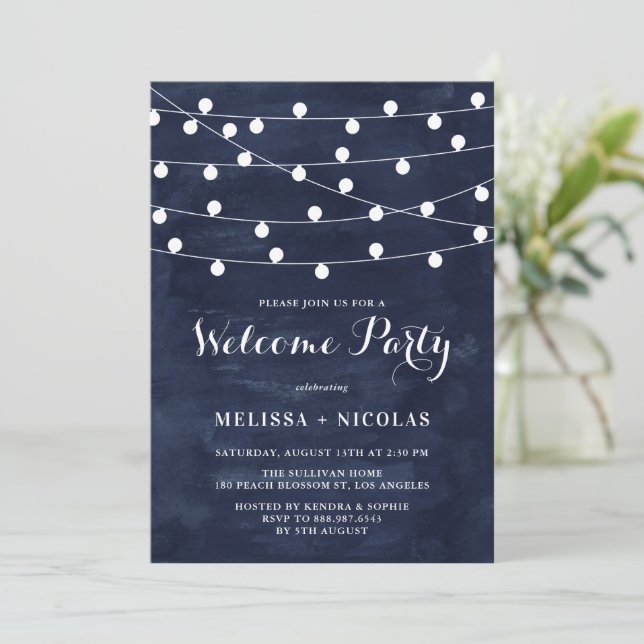 Whimsical String Lights Navy Blue Wedding Shower Invitation (Standing Front)