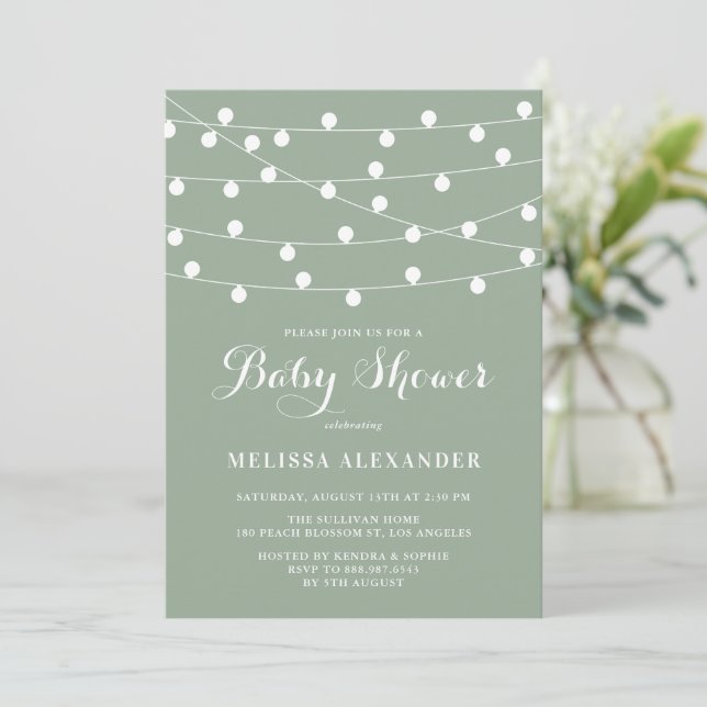 Whimsical String Lights Sage Green Baby Shower Invitation (Standing Front)