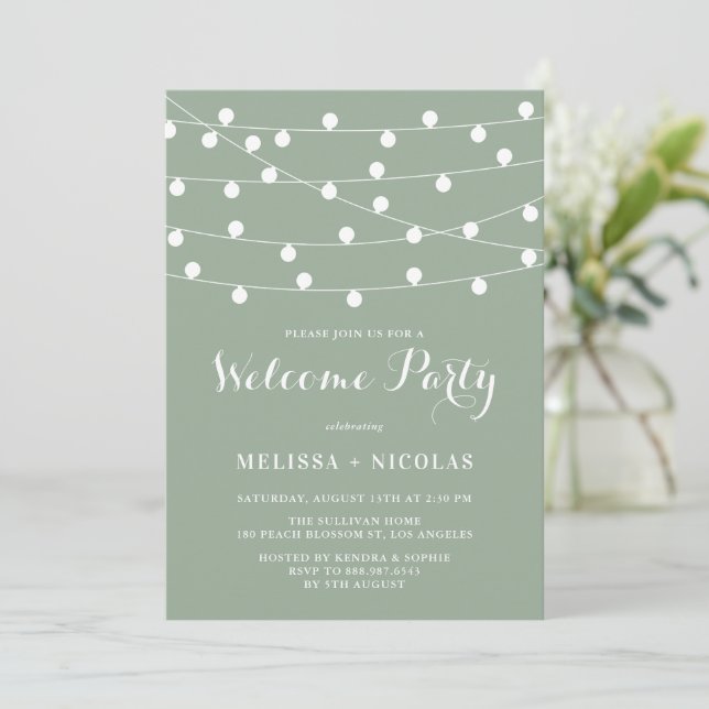 Whimsical String Lights Sage Green Welcome Party Invitation (Standing Front)