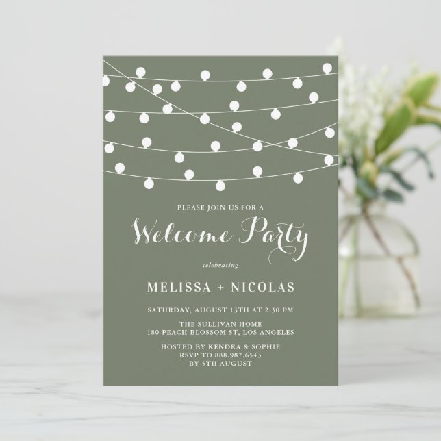 Whimsical String Lights Taupe Green Welcome Party Invitation (Standing Front)
