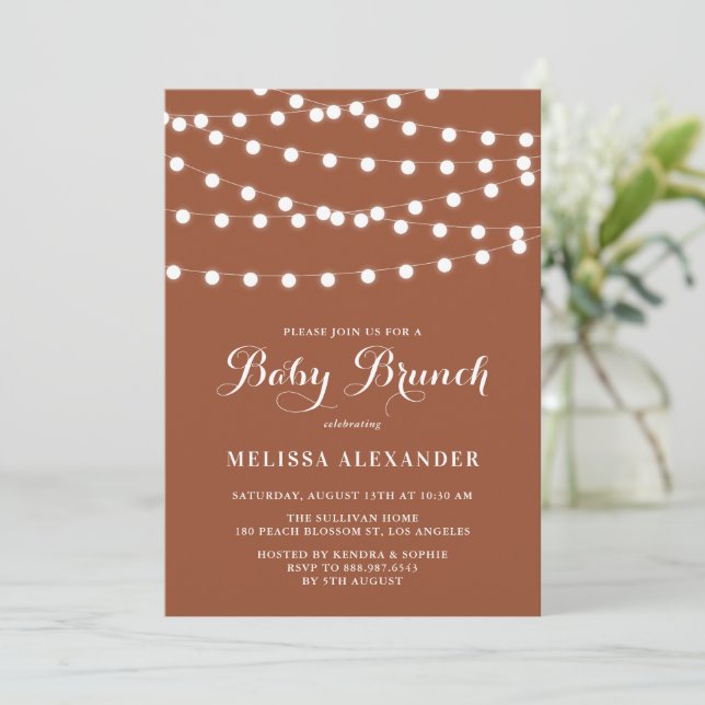 Whimsical String Lights Terracotta Baby Brunch Invitation (Standing Front)