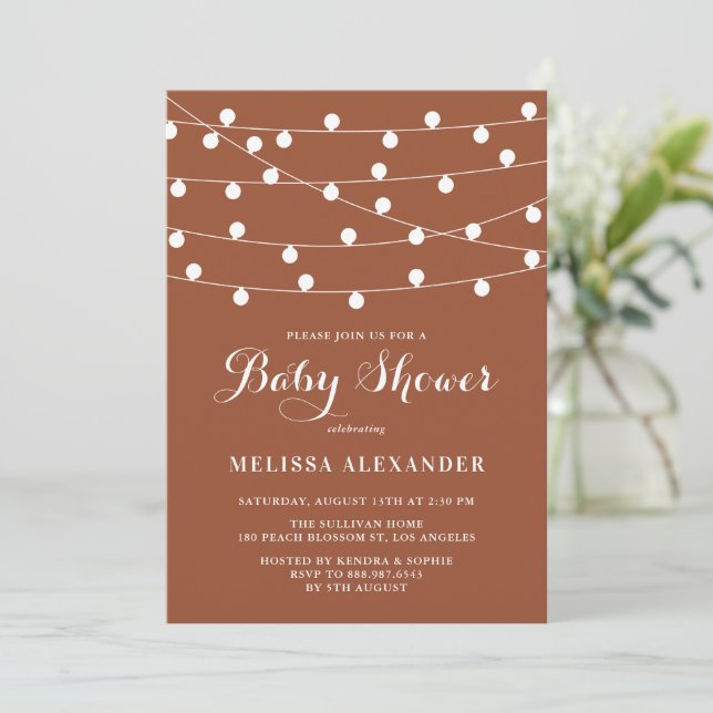 Whimsical String Lights Terracotta Baby Shower Invitation (Standing Front)