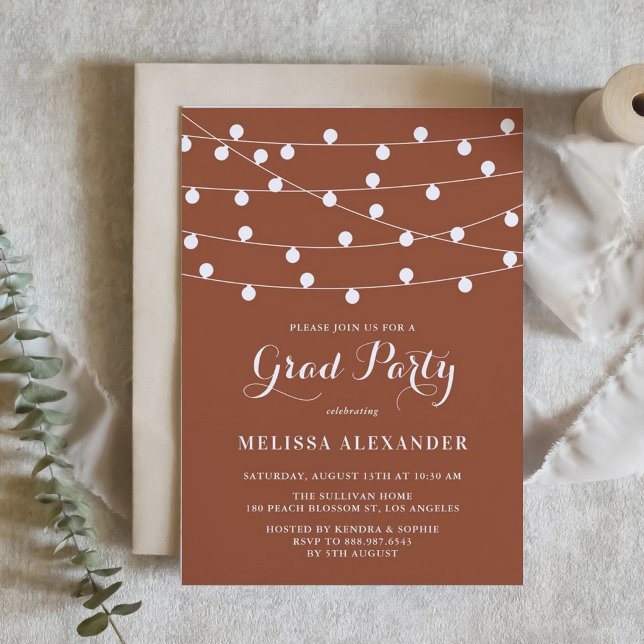 Whimsical String Lights Terracotta Graduation Invitation (Customizable boho graduation invitation featuring string lights and a terracotta background.)
