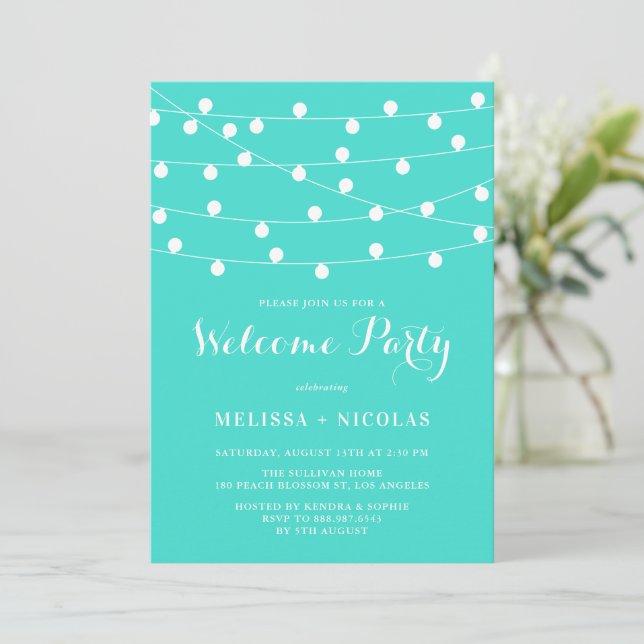 Whimsical String Lights Turquoise Welcome Party Invitation (Standing Front)