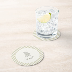 Whimsical Stripe Green Wedding Round Paper Coaster