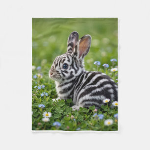 Whimsical Striped Bunny In Green Grass Fleece Blan Blanket