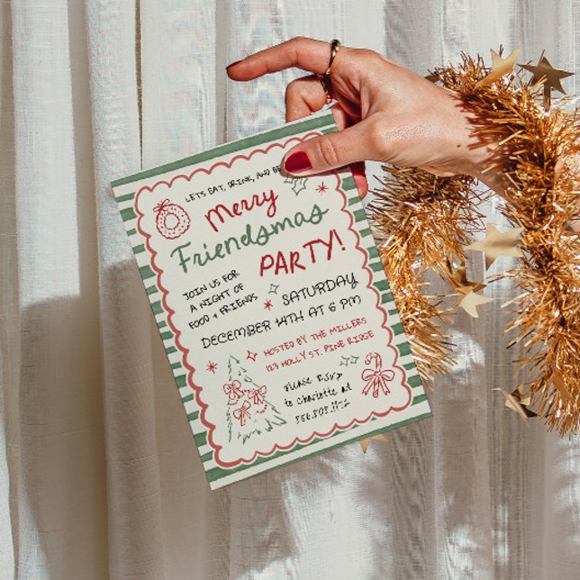 Whimsical Striped Friendsmas Christmas Party Invitation (Creator Uploaded)