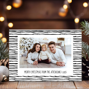 Whimsical Stripes Black White Photo Christmas Holiday Card