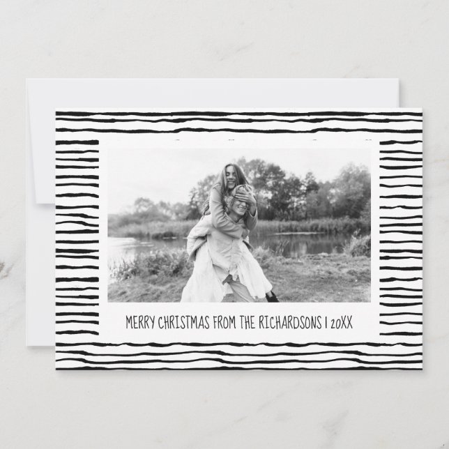Whimsical Stripes Black White Photo Christmas Holiday Card (Front)