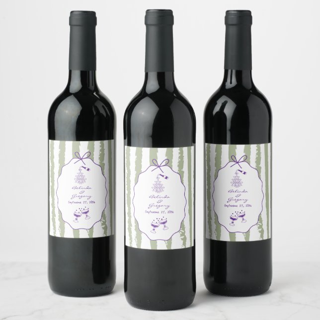 Whimsical Stripes Handwritten Painted Wedding  Wine Label (Bottles)