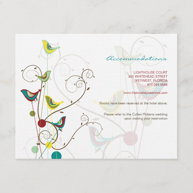 Whimsical Summer Bird And Swirls Wedding Info Card (Front)