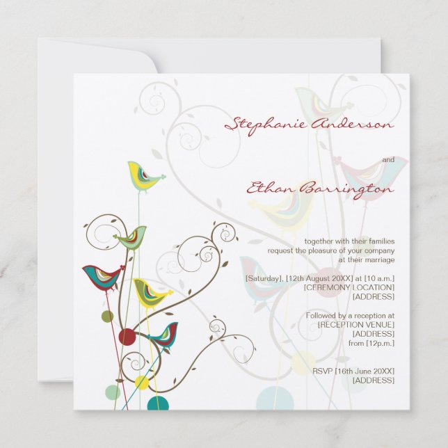 Whimsical Summer Birds And Swirls Wedding Invite (Front)