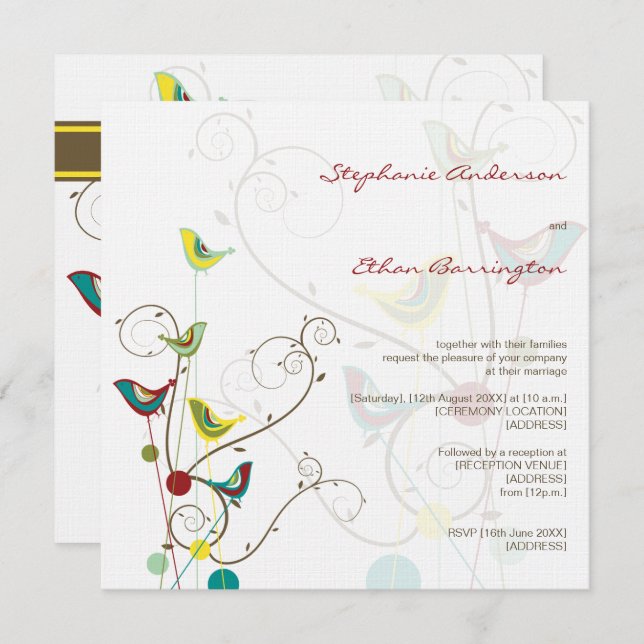 Whimsical Summer Birds And Swirls Wedding Invite (Front/Back)