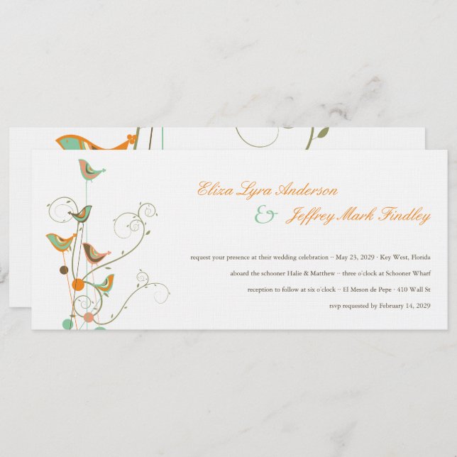 Whimsical Summer Birds And Swirls Wedding Invite (Front/Back)