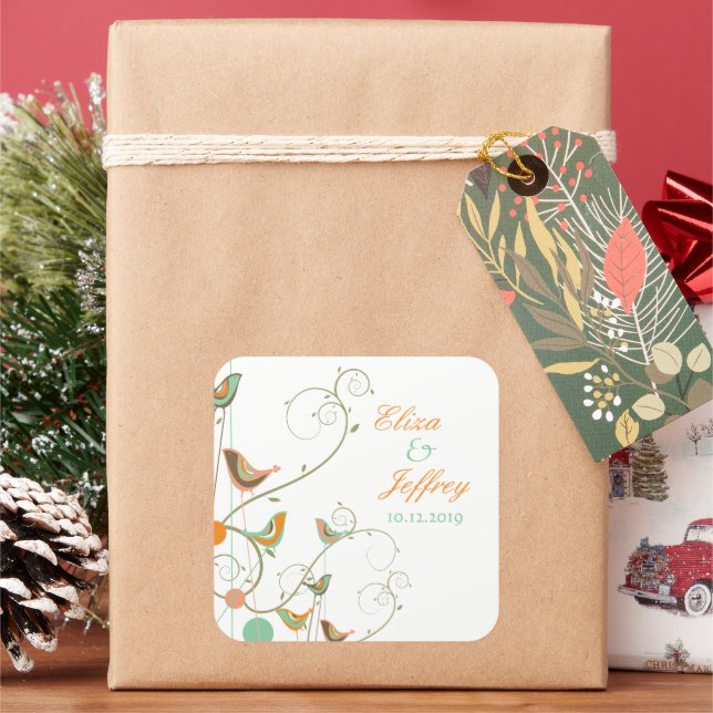 Whimsical Summer Birds Swirls Chic Garden Wedding Square Sticker (Holiday)