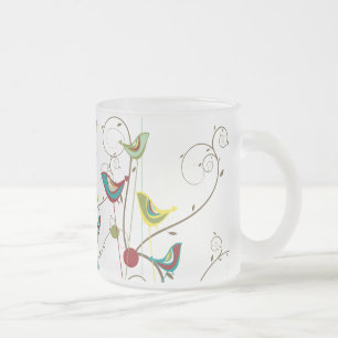 Whimsical Summer Birds Swirls Modern Nature Vines Frosted Glass Coffee Mug