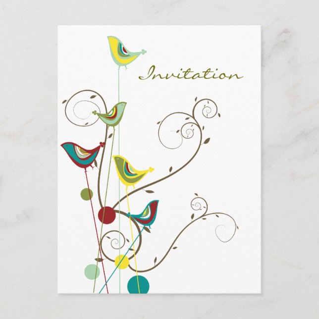 Whimsical Summer Birds Swirls Modern Nature Vines Invitation Postcard (Front)