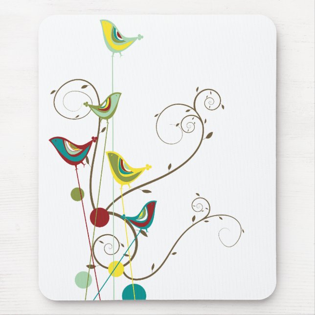Whimsical Summer Birds Swirls Modern Nature Vines Mouse Mat (Front)