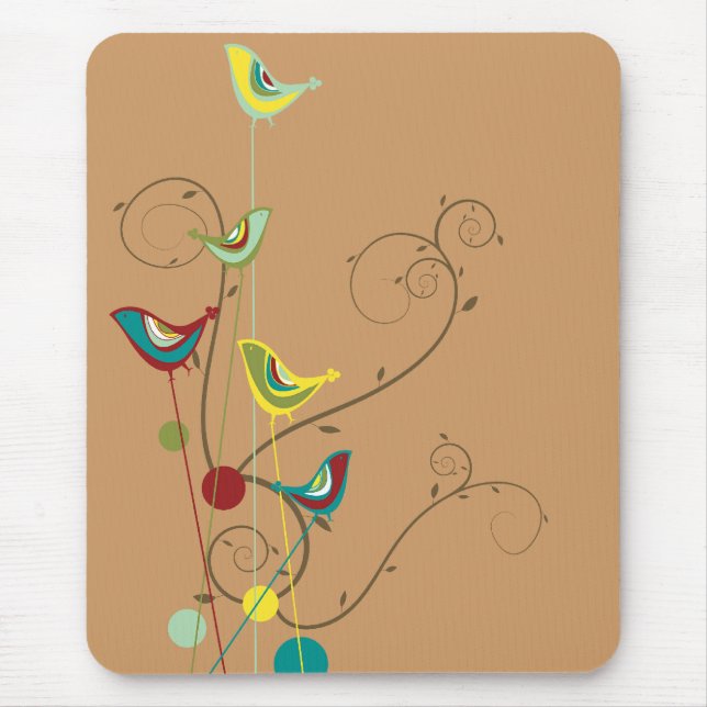 Whimsical Summer Birds Swirls Modern Nature Vines Mouse Mat (Front)