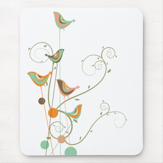 Whimsical Summer Birds Swirls Modern Nature Vines Mouse Mat (Front)