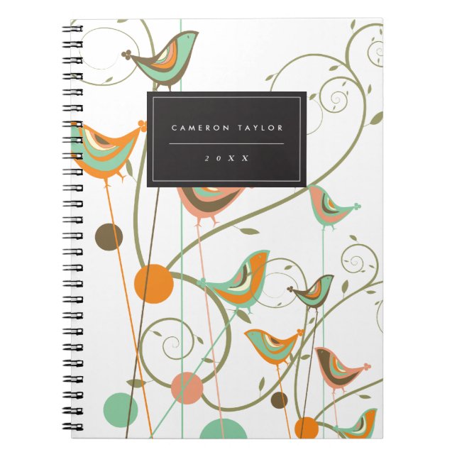 Whimsical Summer Birds Swirls Modern Nature Vines Notebook (Front)