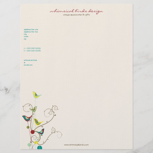 Whimsical Summer Birds Swirls Modern Nature Vines Personalised Letterhead (Front)