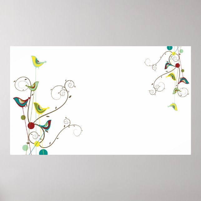 Whimsical Summer Birds Swirls Modern Nature Vines Poster (Front)