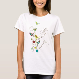 Whimsical Summer Birds Swirls Modern Nature Vines T-Shirt