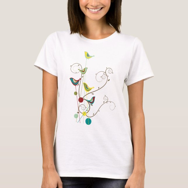 Whimsical Summer Birds Swirls Modern Nature Vines T-Shirt (Front)