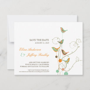 Whimsical Summer Birds & Swirls Save The Date Card