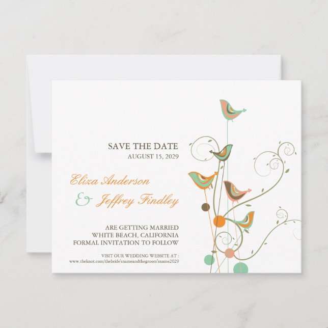 Whimsical Summer Birds & Swirls Save The Date Card (Front)