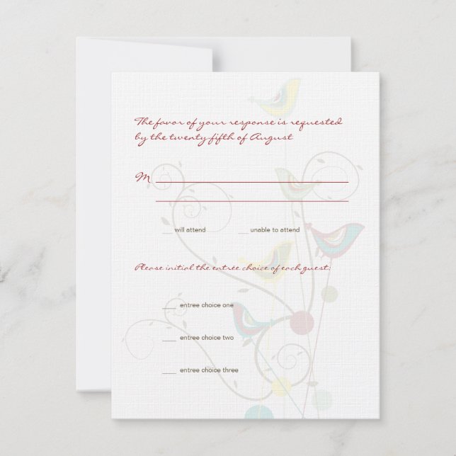 Whimsical Summer Birds & Swirls Wedding RSVP Card (Front)