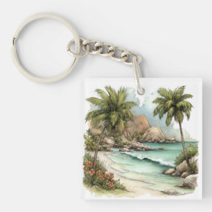 WHIMSICAL SUMMER SANDY BEACH SCENE KEY RING