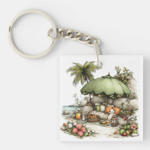 WHIMSICAL SUMMER SANDY BEACH SCENE KEY RING