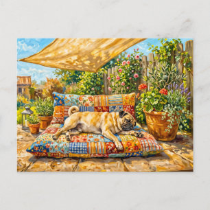 Whimsical Summer Terrace Mops Dog Illustration Postcard