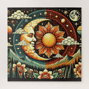 Whimsical Sun and Moon in a Surreal Cosmic Jigsaw Puzzle