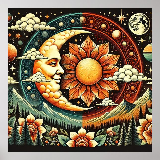 Whimsical Sun and Moon in a Surreal Cosmic Poster (Front)