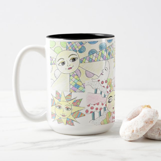 Whimsical sun collage Two-Tone coffee mug (With Donut)