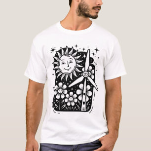 Whimsical Sun, Flowers & Wind Turbine Eco Art T-Shirt