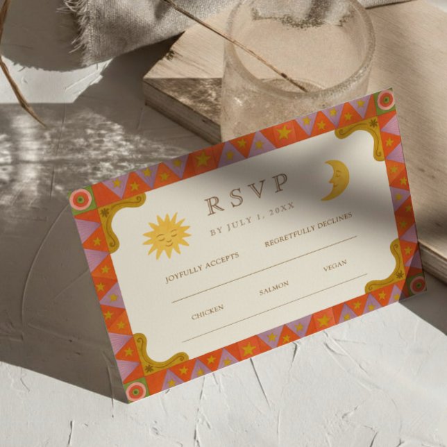 Whimsical Sun & Moon Funky Border Wedding RSVP  Card (Creator Uploaded)