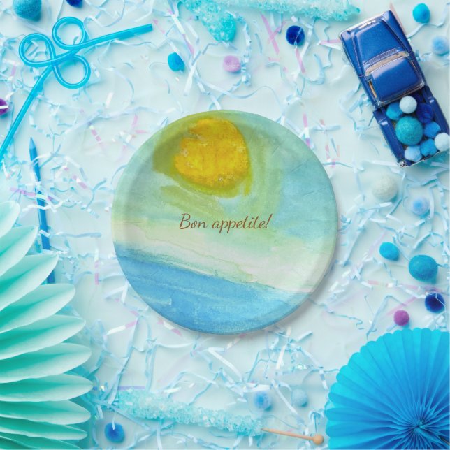 Whimsical Sun Watercolor "Bon Appetit" Paper Plate (Party)