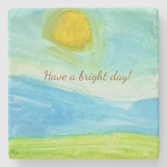 Whimsical Sun Watercolor "Have a Bright Day" Stone Coaster (Front)