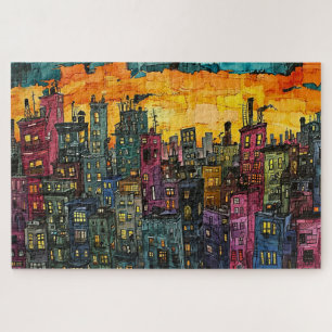 Whimsical Sunset Cityscape - Watercolor Jigsaw Puzzle